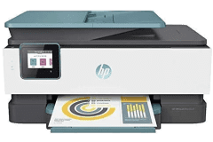 HP Office Jet Pro 8028e printer, blue/gray/white